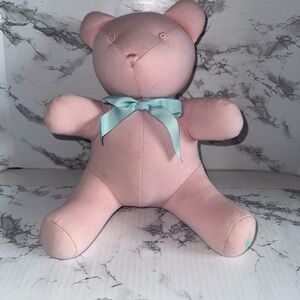 Rare Ralph Lauren BABY GIRL Textured Pink Bear Lovey Plush Blue Bow 10” EUC
